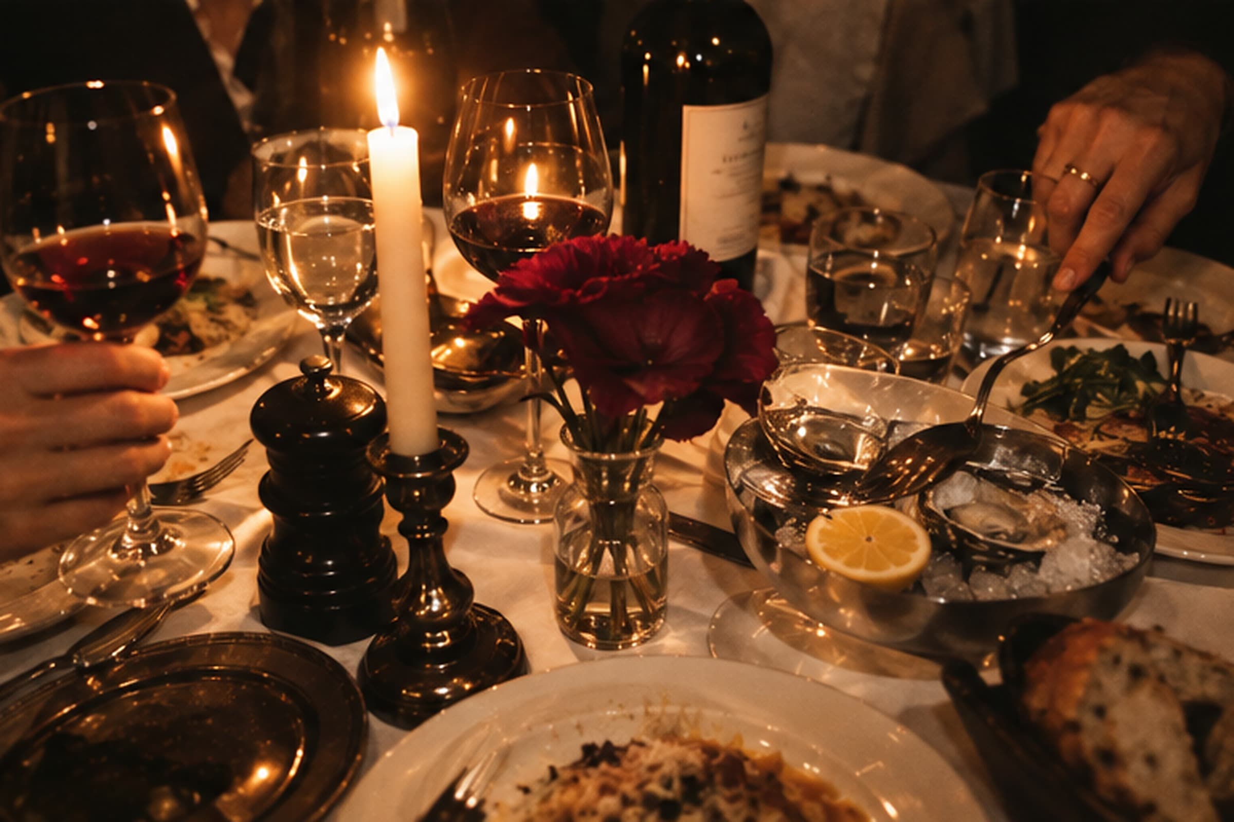Ett dukat bord i levande ljus med vinglas, röda blommor, ostron och tallrikar. Två händer sträcker sig efter glas och bestick.