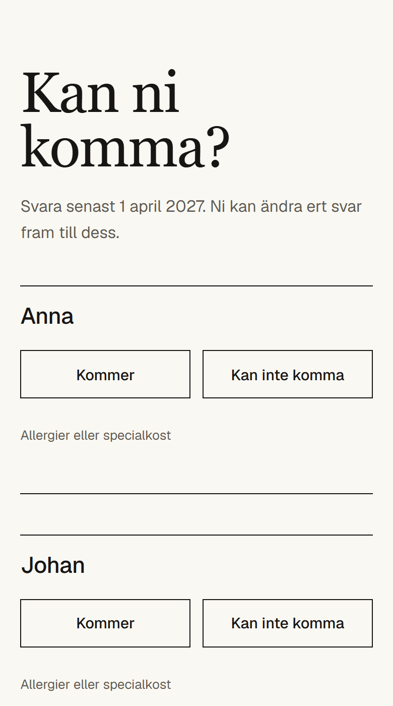 Svarsformuläret i inbjudan: Kan ni komma?, med knapparna Kommer och Kan inte komma för varje gäst och ett fält för allergier.